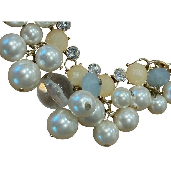 FAUX PEARL STATEMENT BUBBLE NECKLACE, GOLD TONE, IVORY Clear Blue White 23” - Picture 4 of 9